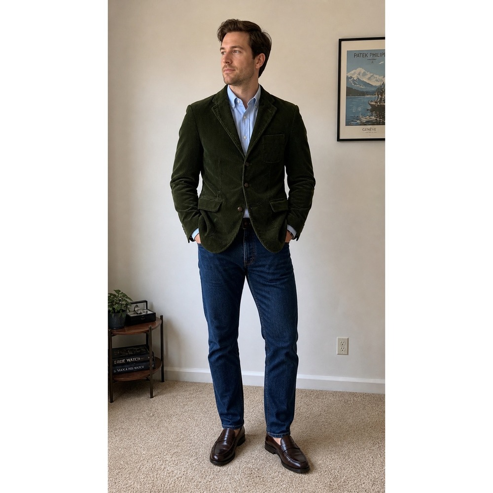 Polo Ralph Lauren Mens Green Corduroy Blazer Leather Elbow Patches 38R Jacket